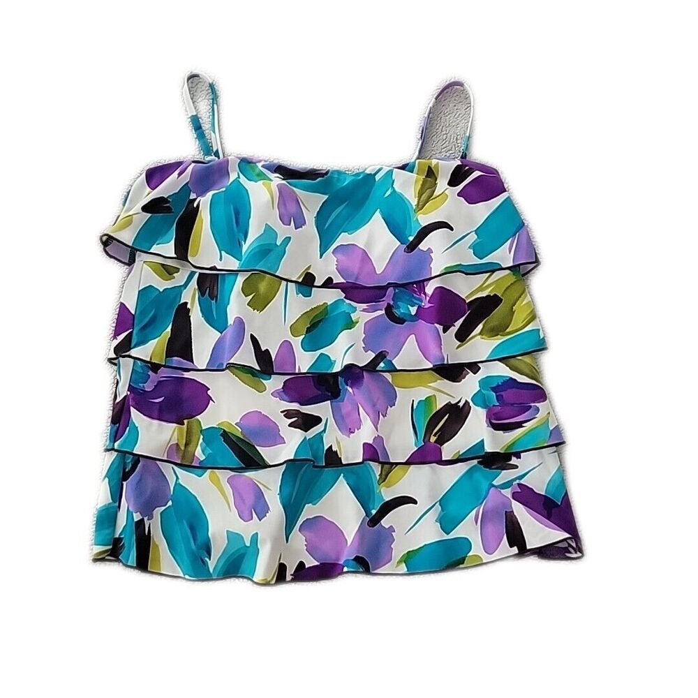 Caribbean Joe Tankini Swim Top ~ Sz 8 ~ Teal, White, Purple ~ Removable Straps